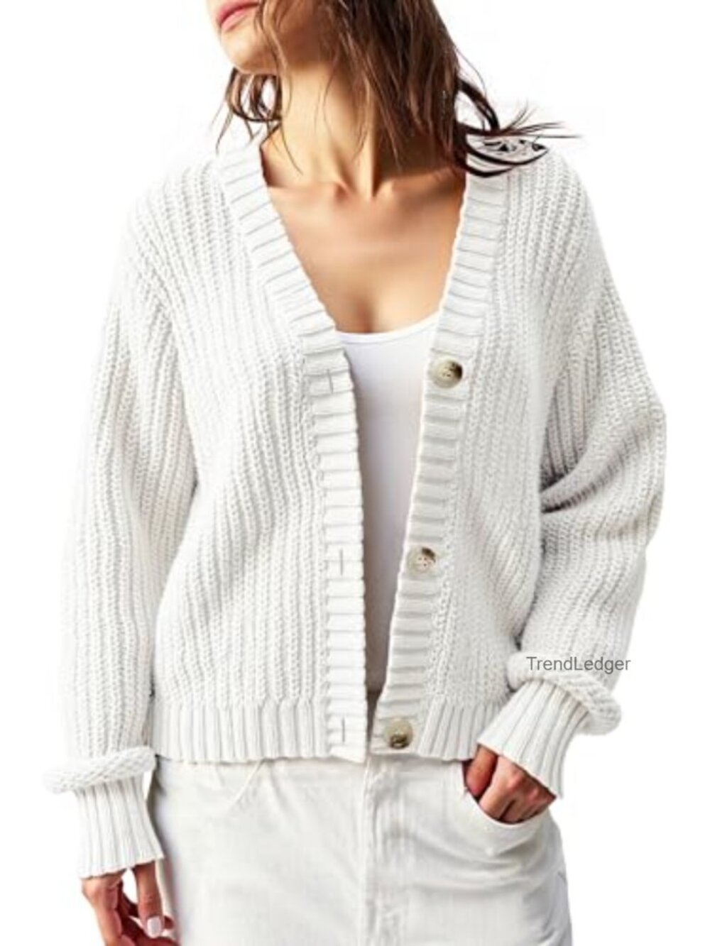 Chunky Knit Cardigan - Waffle Button Down Oversized V Neck Fall Sweater - Picture 3 of 6